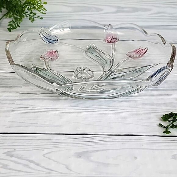 Mikasa Tivoli Tulip Plater Clear Crystal With Pink And Blue Tulips. 12" - Picture 2 of 7